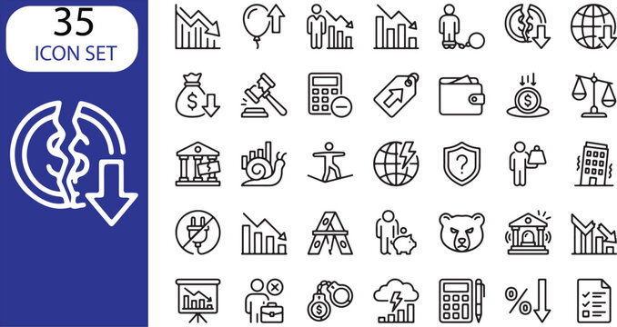 Set of 35 minimalist business and finance icons with downward arrow design