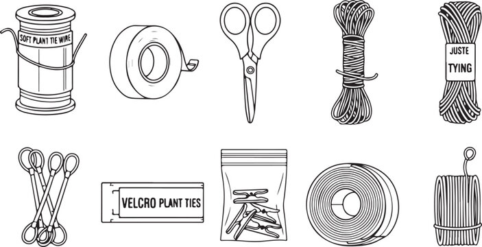 Vector drawing of different types of plant ties and clips Vector