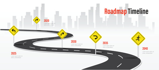 Modern business road map timeline Infographic with city abstract background. Milestone process diagram for digital marketing data presentation vector. © Syntro