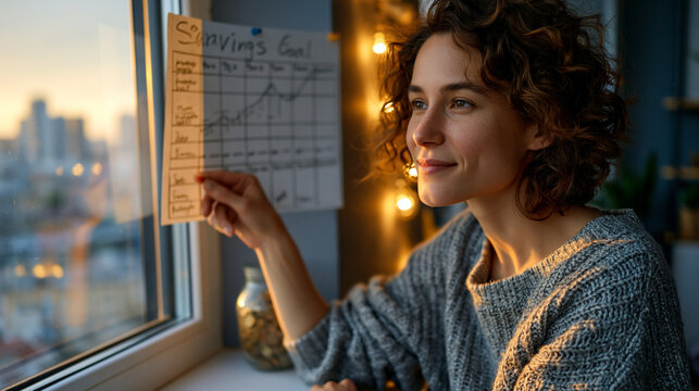 A woman pins a handwritten savings goal chart to a modest apartment wall beside a window showing a summer cityscape at golden hour, an almost full coin jar on the sill beneath it, ideal for savings 