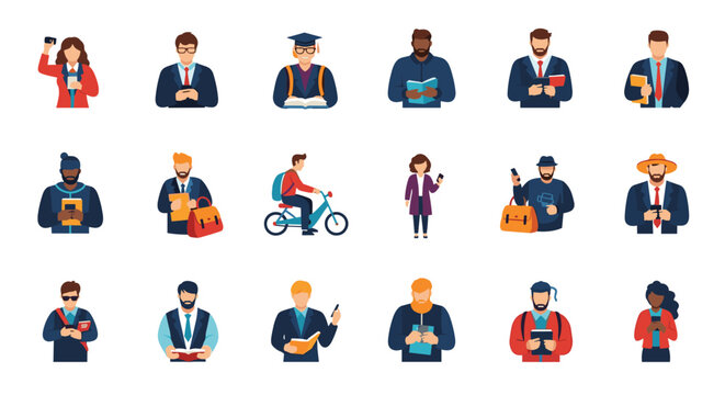 Large grid of diverse people avatars and characters showing different ages professions and activities for profile icons.