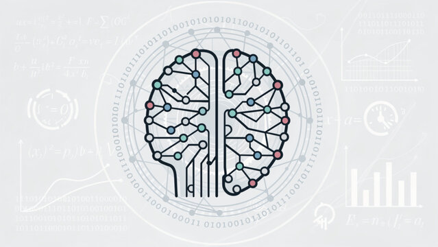 Abstract neural network brain structure with binary code and data charts
