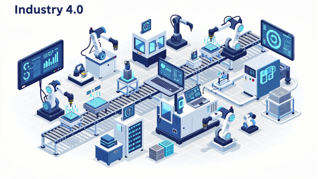 Industry 4.0 smart factory automation with robotic arms and conveyor belts