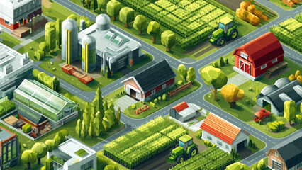 Colorful farm landscape with greenhouses silos barns trees and cultivated fields view © Lasma Seri