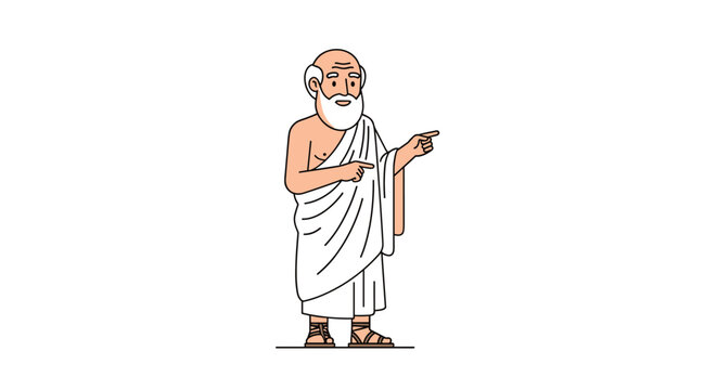 Wise ancient Greek philosopher with a long white beard and traditional toga pointing his finger to explain an important intellectual concept.