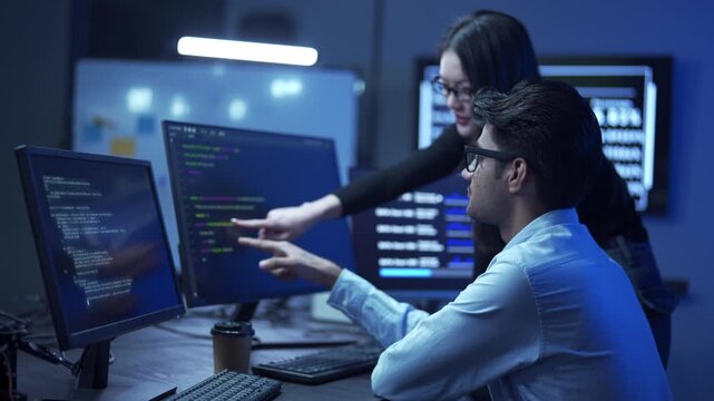 Two diverse software developers working on code debugging and website during a late-night.