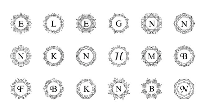 Collection of elegant hand drawn monograms featuring various uppercase letters inside intricate floral and decorative geometric frames.