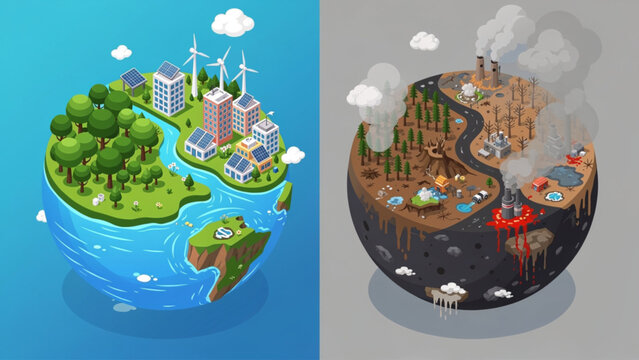 Eco-friendly city vs polluted industrial zone, contrasting earth hemispheres