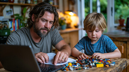 Obraz premium Father and son workation scene at a rustic kitchen table, dad answering emails while son arranges LEGO bricks beside the laptop, summer garden visible through open doors, ideal for remote work famil