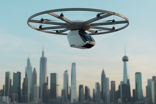 Futuristic eVTOL aircraft flying over a modern cityscape, urban air mobility concept, advanced transportation technology, electric vertical takeoff and landing vehicle