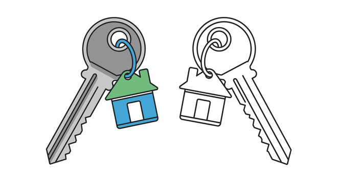 Two keys with house charms colored and outline silhouette