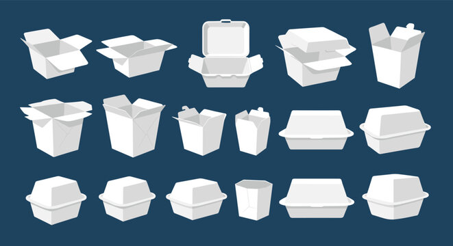 Large collection of white food packaging containers including cardboard boxes, styrofoam cartons, and disposable take-out cups on dark blue.