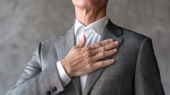 Businessperson in a suit placing hand over heart, symbolizing honesty, integrity, or making a pledge.