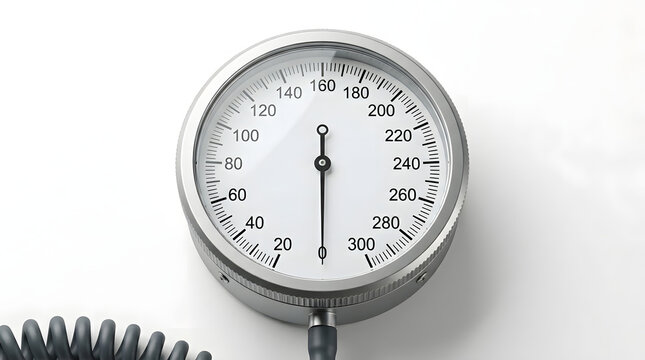 Close up of aneroid sphygmomanometer dial isolated on white background. Medical blood pressure gauge meter.