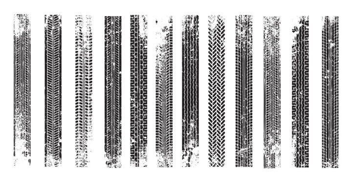 Tyre Trace Vector Grunge Set, Dirty Tire Marks and Tread Tracks Collection