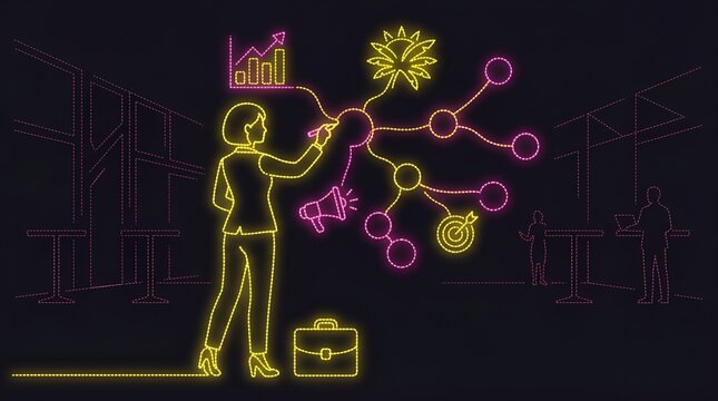 Professional woman creating a marketing mind map in neon style