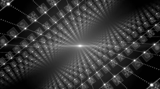 white color diagonally moving abstract network glowing nodes various digital document hi tech complex design seamless black technology background 