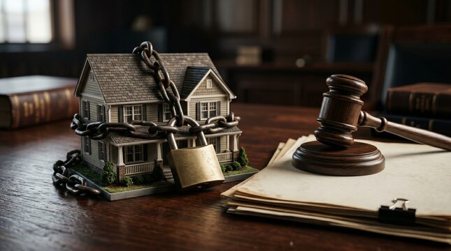 Property Confiscation Concept with Locked Miniature House and Gavel