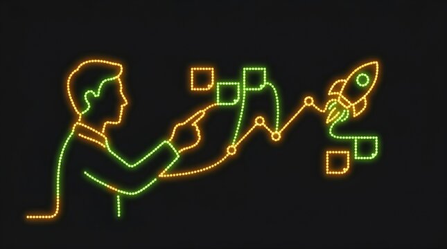 Startup founder launching a project with neon growth icons
