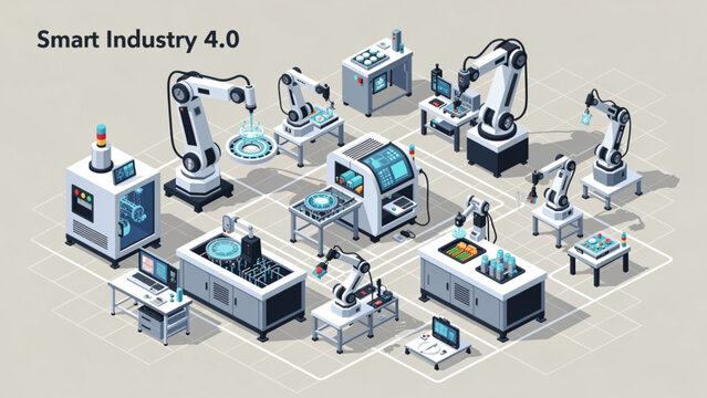 Smart Industry 4.0 automation robots and machinery in isometric view