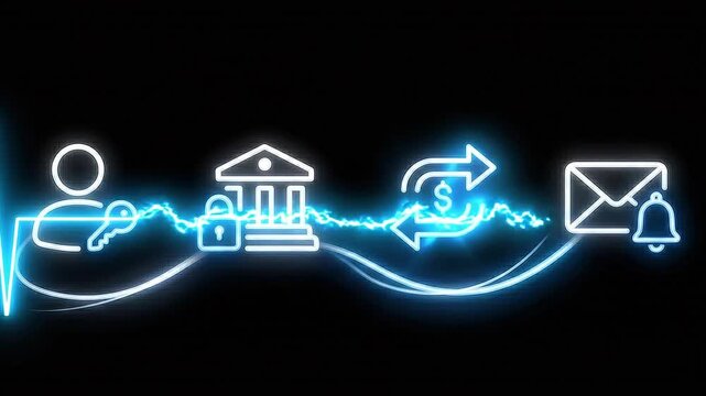 Digital banking security workflow animation featuring glowing neon icons for online transaction notification and secure financial data transfer processes