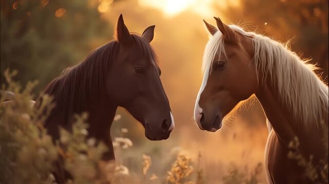 Two horses touching noses in golden sunset light