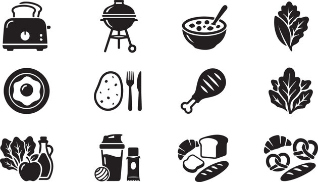 Flat Monochrome Kitchen and Nutrition Icon Set Featuring Toaster Barbecue Grill Cereal Bowl Fried Egg Potato Chicken Leg Assorted Breads Healthy Diet Sports Nutrition Elements Minimalist Geometric Sol