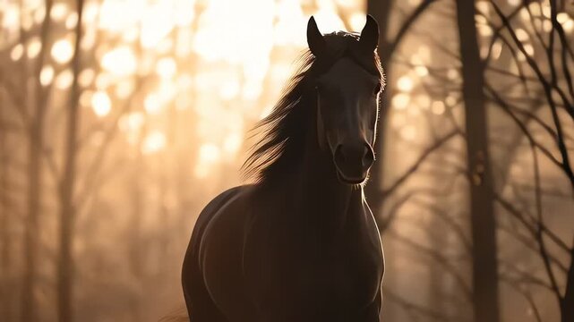 Majestic Stallion Galloping Through Sunlit Foggy Autumn Woods