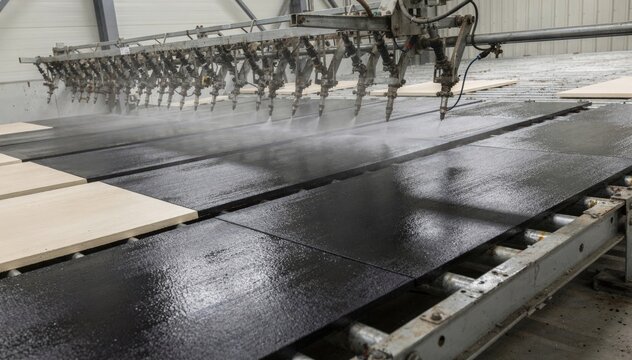 Automated sprayers evenly applying lowbuild asphalt coating on roof test panels showcasing precision and smooth surface finish under controlled factory conditions.