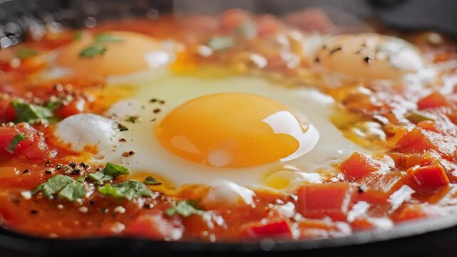 Delicious Shakshuka with Poached Eggs and Tomatoes.