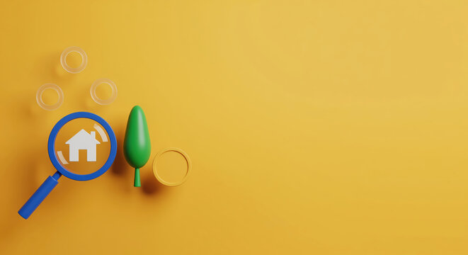 Home buyers compare eco friendly property choices with magnifier, house symbol and circular arrow for real estate search, rental discovery, mortgage content and sustainable housing explainer