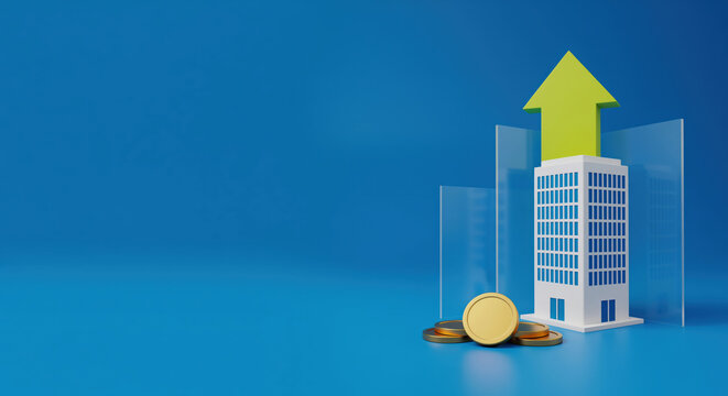 Office rent spike visual uses coins, tower and upward arrow for commercial lease coverage, property tax explainer and workspace cost reports about higher occupancy expense
