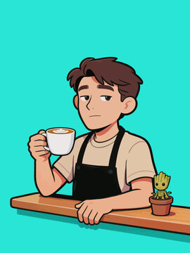Young barista holding latte art coffee at cafe counter
