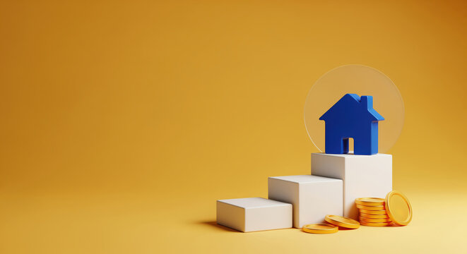 Saving for a first home becomes a mortgage approval story with house icon above steps and coins for down payment articles, home loan calculators, real estate finance ads and buyer education