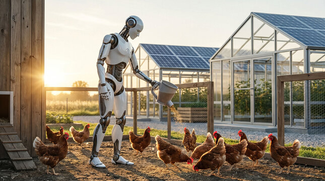 Robot feeding brown chickens, metal machine pouring grain.