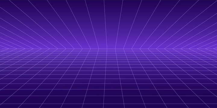 Purple glow neon wireframe background. Dark shining checkered grid floor plane in perspective. Bright retro futuristic horizon wallpaper. Arcade game sci fi matrix landscape surface. Vector backdrop
