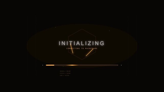 Abstract futuristic loading screen with initializing text and glowing orange progress bar
