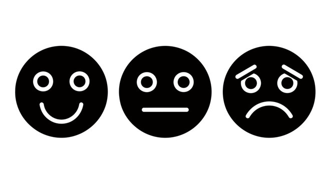 Series of three minimalist round faces showing happy, neutral, and sad emotions in a monochrome style.
