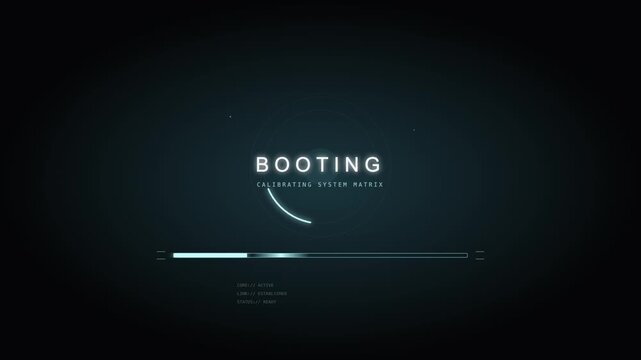 Digital system booting interface with progress bar and loading circle on dark background