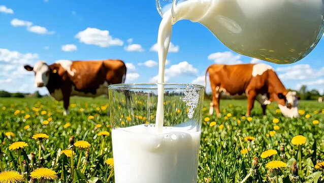 Fresh farm milk pouring into a clear glass in a vibrant green field with grazing cows under a bright blue sky, representing natural goodness and healthy rural life