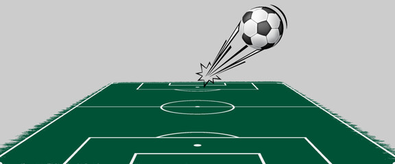 Design soccer field background with floating football ball, green perspective stadium ground, modern geometric football wallpaper, simple outdoor game concept. © Abd