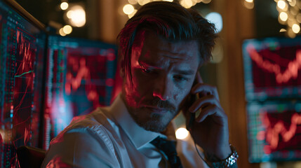 Obraz premium A crypto trader paces a glass walled home office at night, phone pressed to ear, multiple screens reflecting volatile red charts across his face, luxury interior around him, perfect for crypto anxie