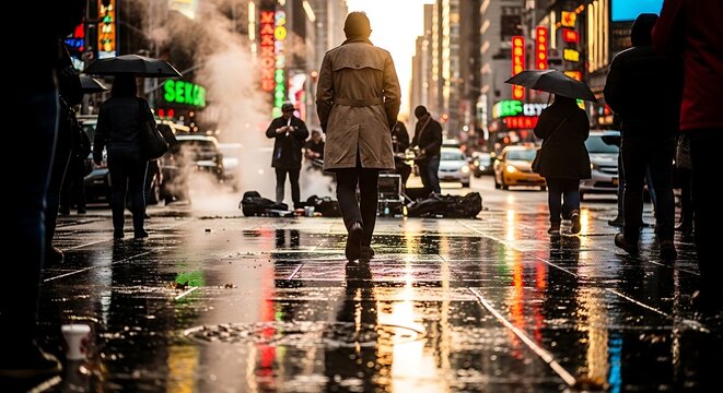 People walking on wet city street.