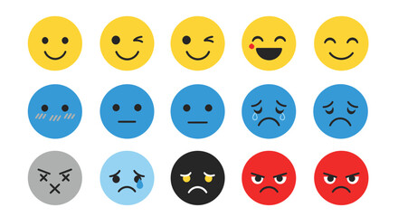 Fototapeta premium Set of colored emoji faces illustrating a range of emotions and moods in circular icons.
