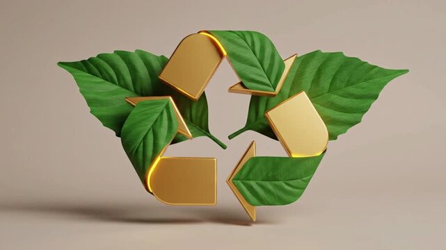 golden recycling symbol with green leaves