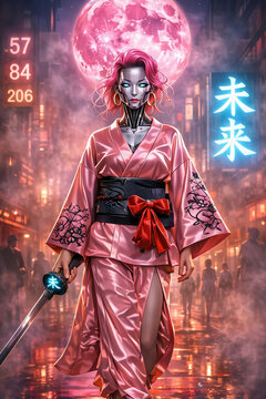 donna guerriera samurai kunoichi cyborg armata di katana a passeggio in una citt&agrave; al neon futuristica mentre indossa un kimono classico, female warrior samurai kunoichi cyborg armed with walking