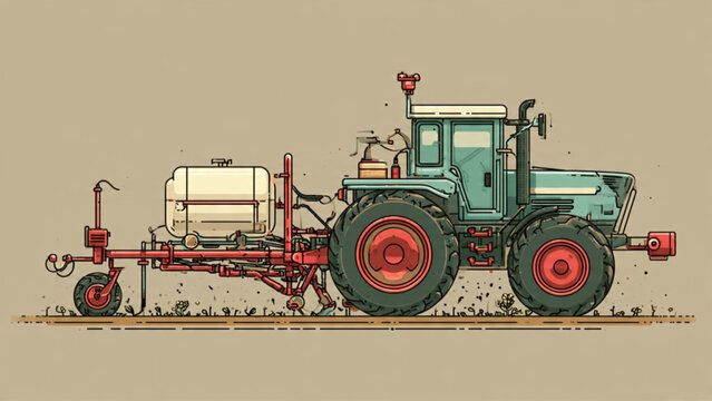 Vintage teal green tractor with red wheels and attached farming equipment in countryside