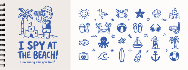 Beach themed I spy activity page for kids with hand drawn summer doodles icons © Studio181