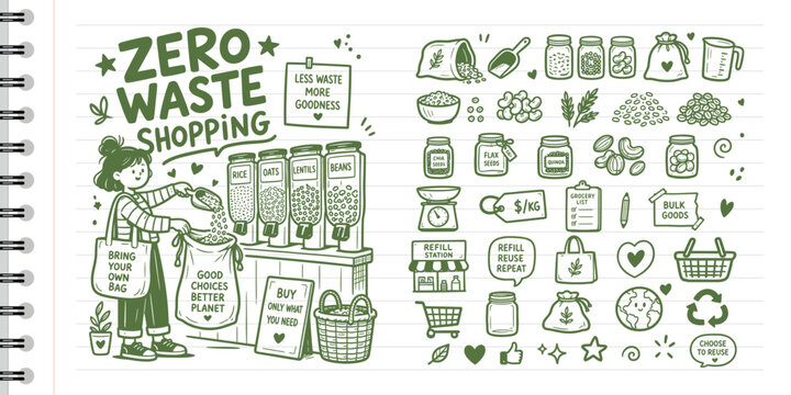Zero waste shopping doodle icons with woman filling reusable bags at bulk grocery store station