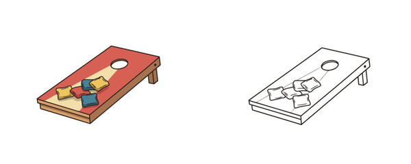 Color and line art cornhole board game cartoon illustration featuring red board with blue and yellow bean bags used for outdoor backyard or beach recreation